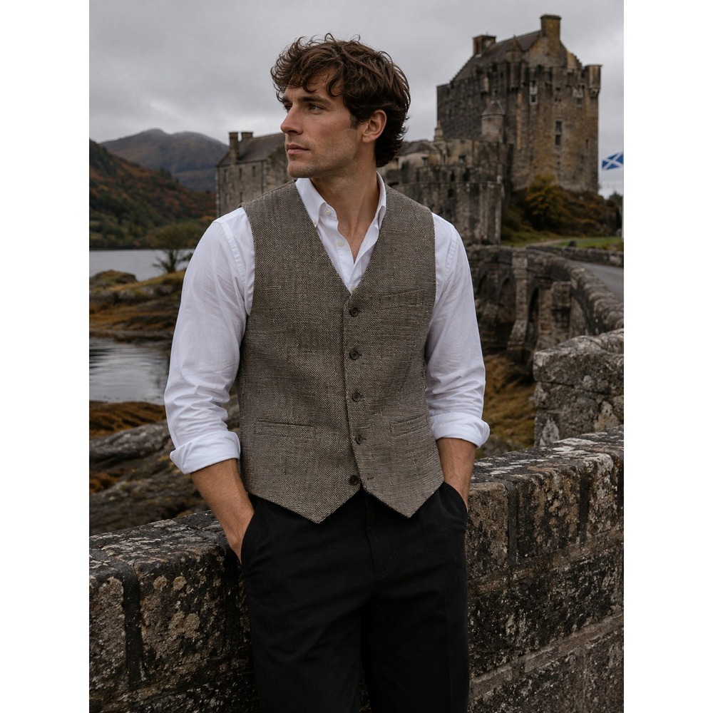 Unbranded Tweed Vest Mens Small Brown Textured 5-Button Cinch Back Waistcoat
